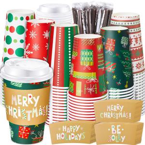 120 Sets Christmas Coffee Cups with Lids and Sleeves Stirrers Christmas Disposable Hot chocolate Cocoa Paper Cups for Xmas holiday Beverage Party Supplies (16 Oz)