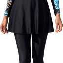OBEEII Women Burkini Muslim Swimsuit Long Sleeve Tropical Print Rash Guard Bathing Suit Full Cover Modest Beachwear Wetsuit (Black, L)