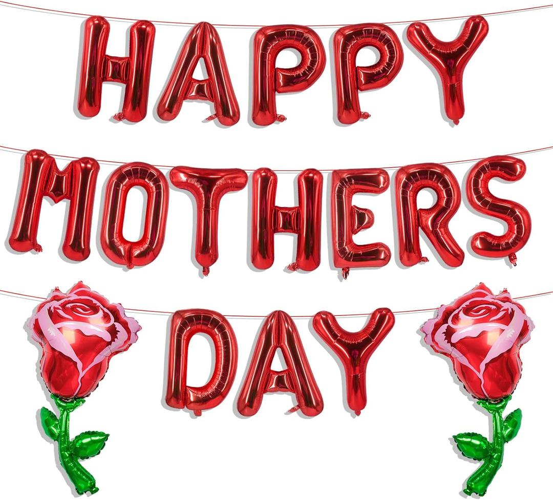 4 x Red Happy Mothers Day Balloons 16 Inch Mothers Day Balloons Red Rose Balloons for Mother's Days Party Decorations