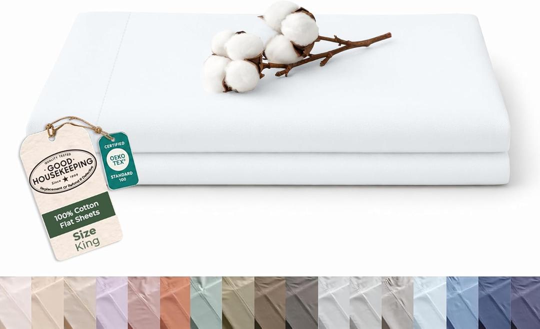 Royale Linens 100% Organic Cotton King Size Flat Sheet Only - Percale Top Sheets - King Flat Sheet Sold Separately - Lightweight & Super Soft 100% Cotton White Bed Sheets Only (105" x 102", White)