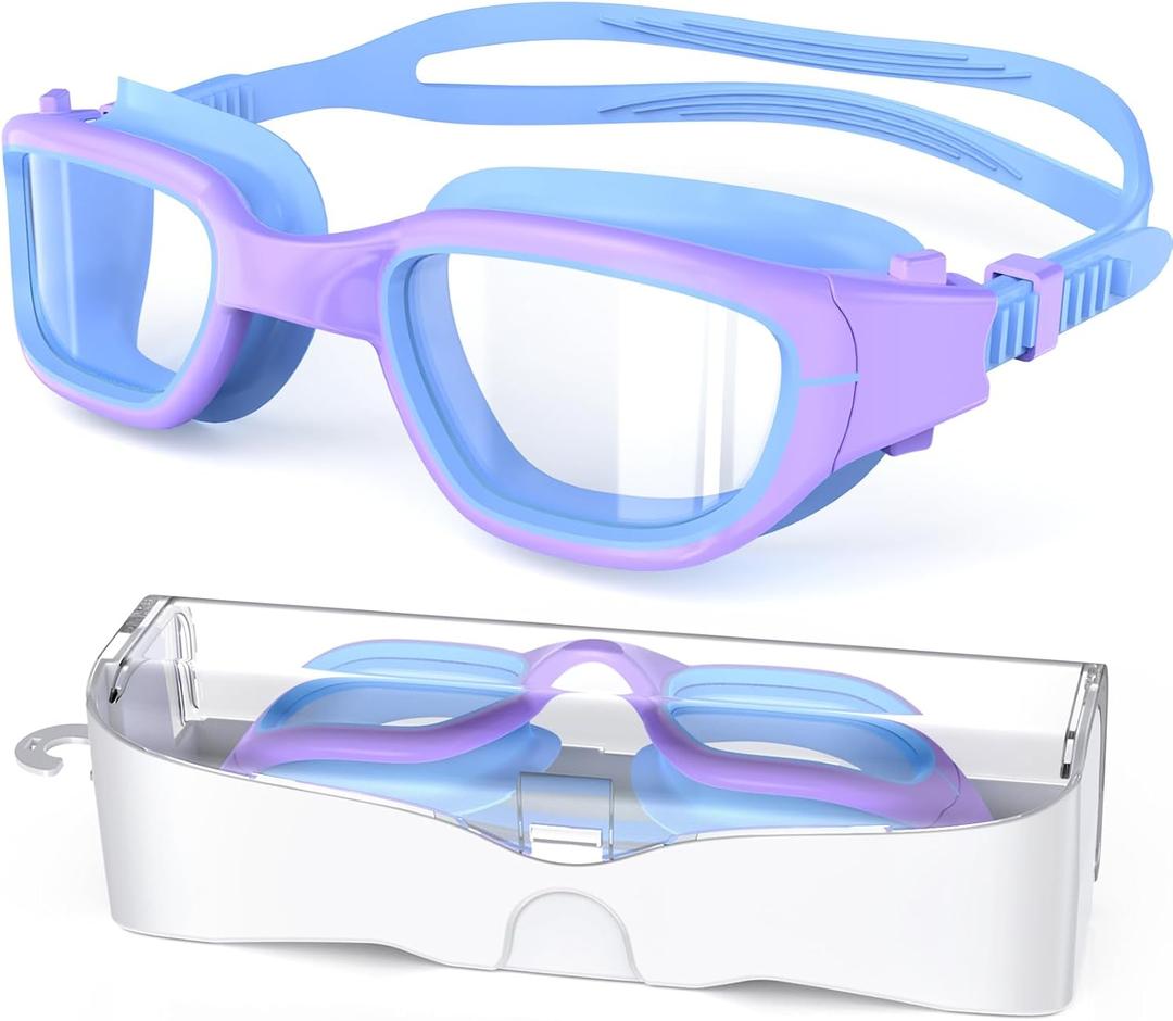 Kids Swim Goggles, Swimming Goggles for Kids 6-14, Anti-Fog UV Protection Pool Glasses for Boys Girls (Blue/Purple-clear)