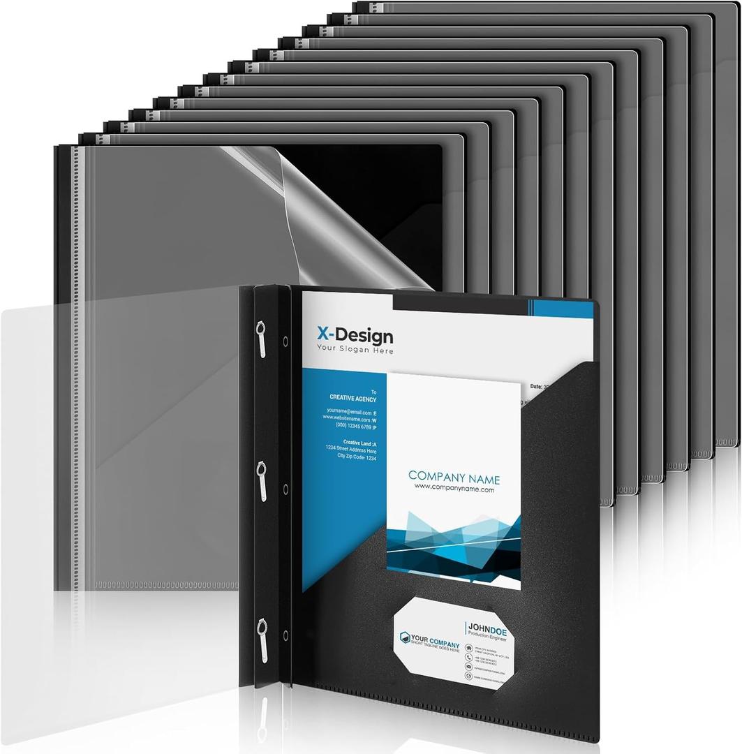 Teling 24 Pcs Clear Front Report Covers with 3 Prongs, Suit for A4/8.5'' x 11'' Letter Size Paper, Plastic Black Presentation Folders Bulk, 90 Sheet Capacity, for School Business