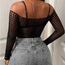 Floerns Women's Hollow Out Mesh Long Sleeve Crop Tops Off The Shoulder Y2k T Shirts (Black)