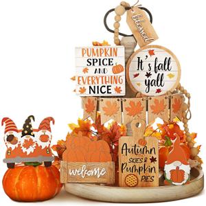 Jetec 12 Pcs Fall Tiered Tray Decor Set Thanksgiving Wood Sign Pumpkin Gnome Rustic Wood Fall Decoration for Home Farmhouse Decor Maple Leaf Decorative Trays Signs for Thanksgiving Table Holiday