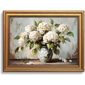 Vintage Hydrangea Wall Art, Gold Framed flower Paintings, Floral Pictures Wall Decor, Botanical Canvas Prints, Rustic Antique Artwork, Modern Organic Home Decor for Bedroom Living Room 16x24 Inch