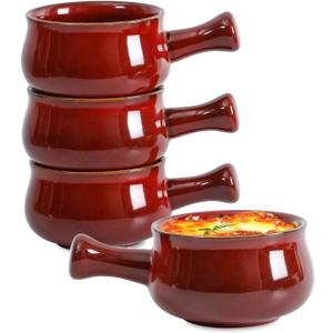 vicrays French Onion Soup Bowls With Handles, 26 Ounce for Soup, Chili, Beef Stew, Chip Resistant, Dishwasher Microwave Safe, Set of 4 (Cherry Red)