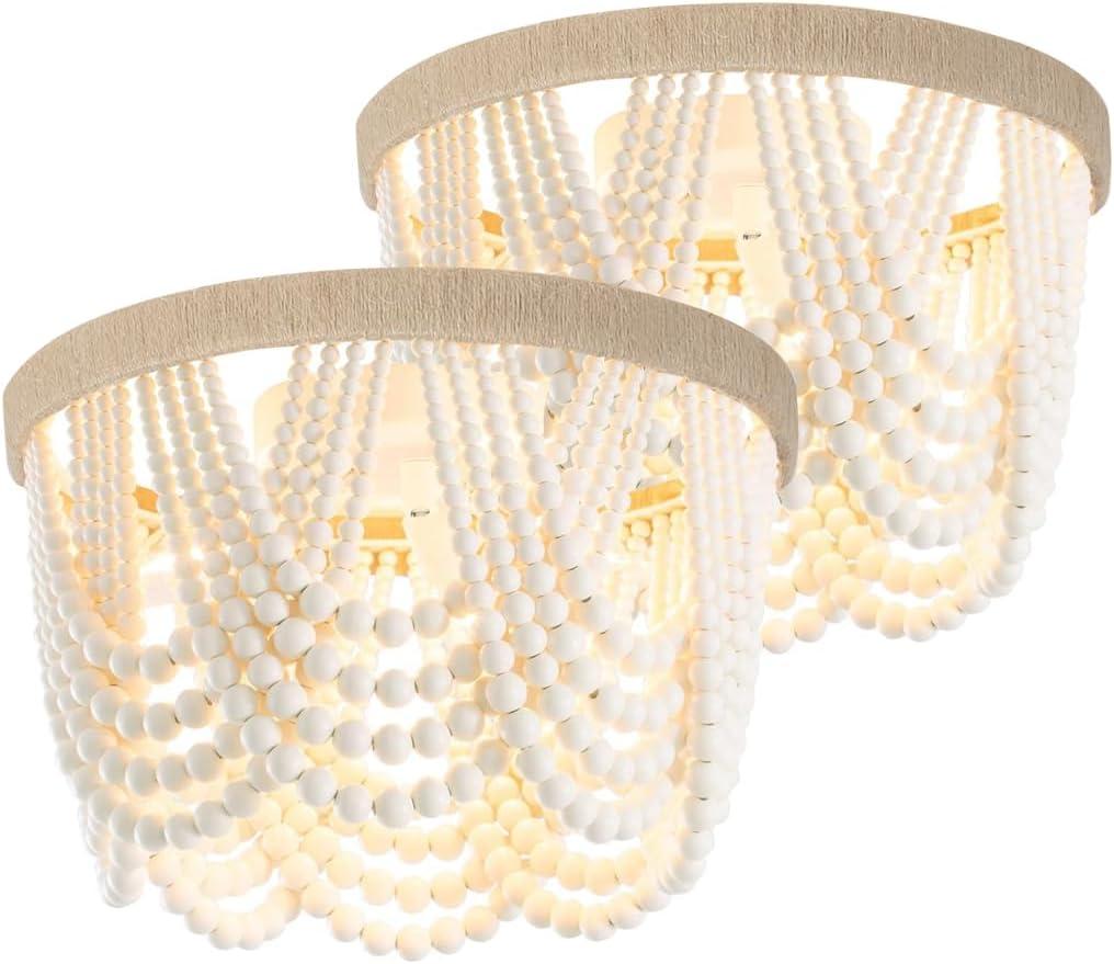 Wuhuyipi Wood Beaded Chandelier, LED Flush Mount Ceiling Light, Farmhouse Rustic Design, 2 Pack