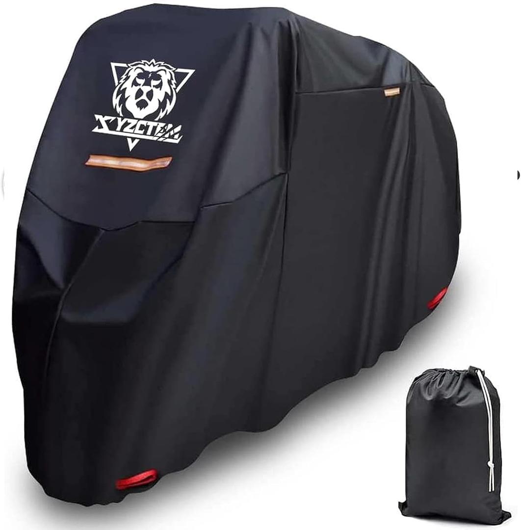 Motorcycle Cover - Waterproof Outdoor Storage Bag,Made of Heavy Duty Material, Fits up to 91" All Motors(Black & Lockholes & Professional Windproof Strap)