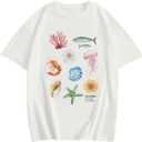 Girl's Drop Shoulder Letter Star Print Tee Tops Loose Short Sleeve Crew Neck T Shirts (White)