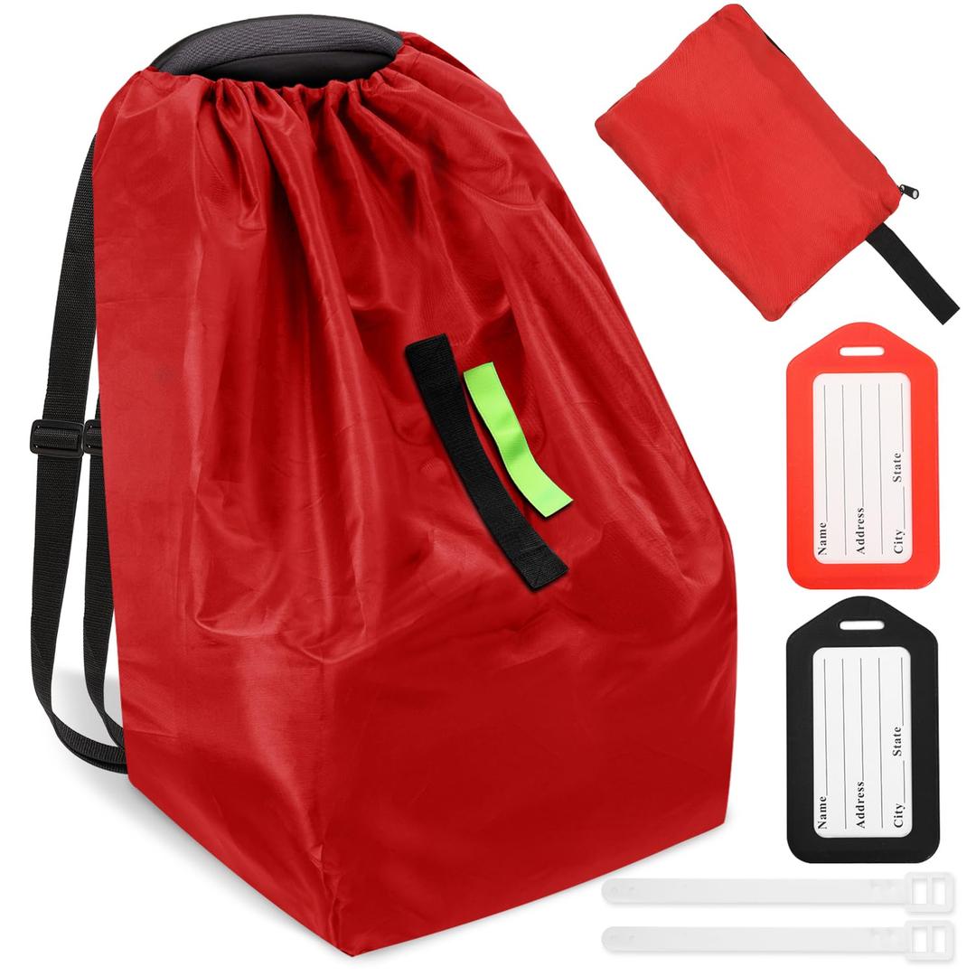 Car Seat Bags For Airplane Travel, Durable Carseat Cover For Air Travel Car Seat Travel Bag with Shoulder Straps and 2pcs Luggage Tags For Airplane, Red