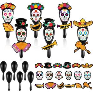 24 Set Day of The Dead Maracas DIY Craft Kit Mini Unfinished Day of The Dead Noisemaker Bulk Dia De Los Muertos Decoration Maracas Party Favor for Instrument Musical Theme Event