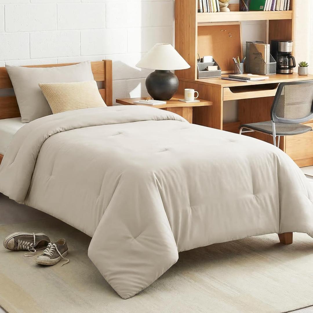 CozyLux Twin Comforter Set Beige, 2 Pieces Twin Extra Long Solid Breathable Bedding Sets for College Dorm, Twin XL Luxury Soft Bed Set with Down Alternative Comforter and 1 Pillowcase All Seasons