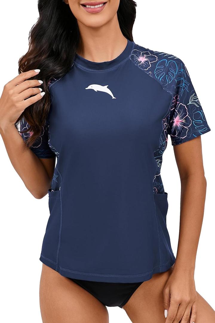 Halcurt Women's Short Sleeve Rash Guard Top with Built in Bra Side Pockets Swim Shirts UPF50+ Swimsuit (Large, Navy/Floral)