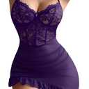 Lilosy Sexy Ruffle Floral Lace Mesh Sheer Underwire Corset Bodycon Babydoll Lingerie Dress Set with Thong 2 Piece (Dark Purple) X-Large