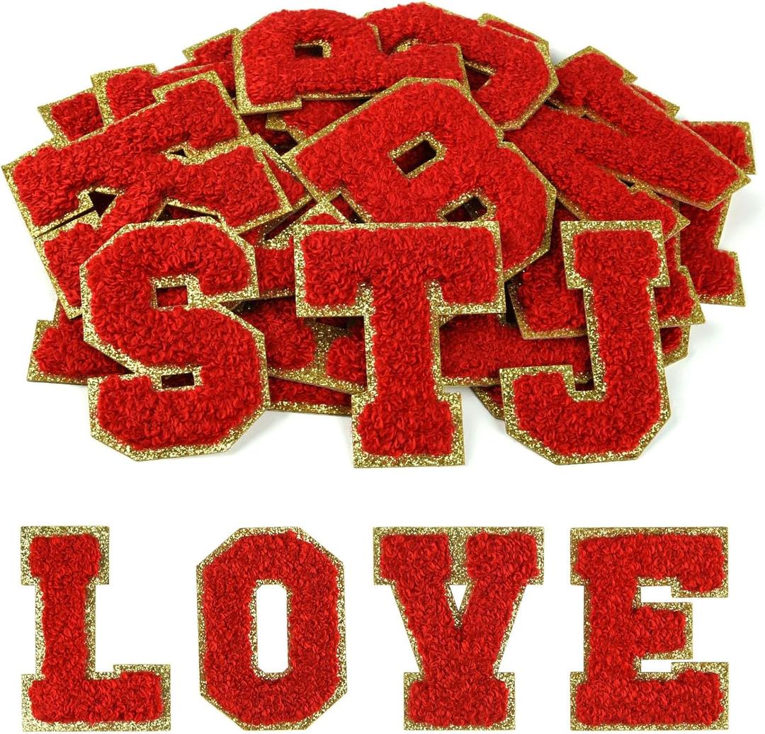 Morcheiong 26Pcs Self Adhesive Chenille Letter Patches A-Z, Chenille Letters for Clothing, Fabric, Shoes, Bags (Red)