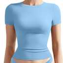 SUUKSESS Women Fitted Basic Tee Cotton Ribbed Crew Neck Summer Short Sleeve Y2K Crop Top (Blue, L)