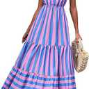 PRETTYGARDEN Women's Summer Floral One Shoulder Maxi Dress Knot Ruffle Boho Beach Vacation Wedding Guest Long Dresses, Blue Pink Stripe, S