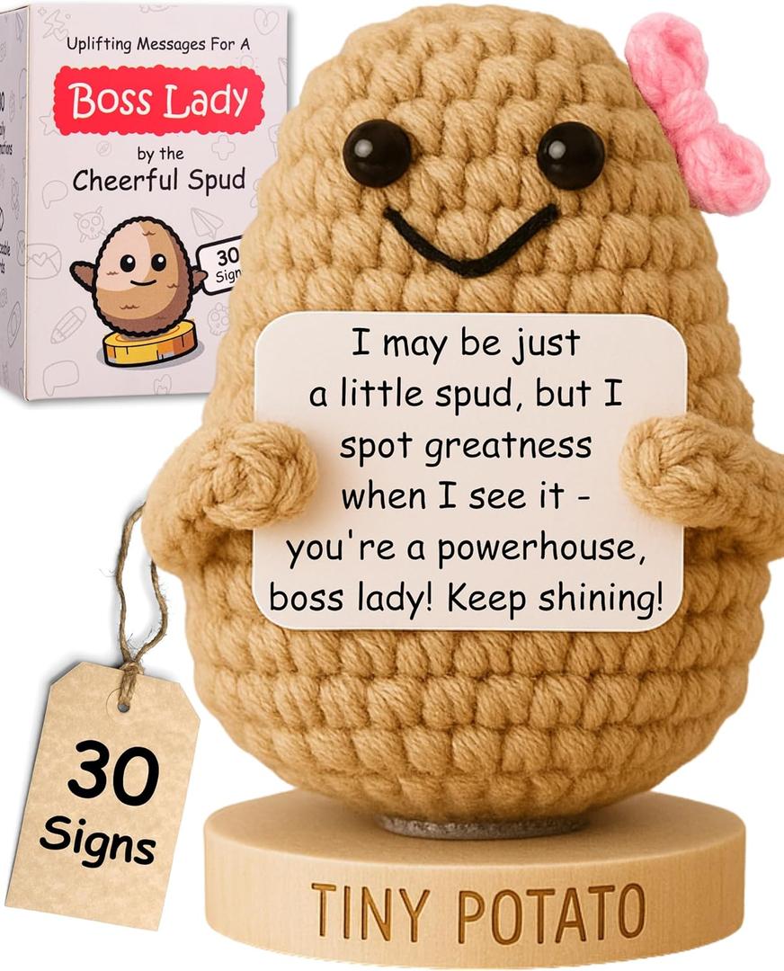 Boss Lady Gifts for Women - Crochet Potato with 30 Uplifting Affirmations for Female Bosses, Funny Appreciation Gift for Woman Boss for Birthday, Christmas, New Job Promotion, Good Luck