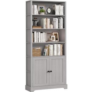 TVU Bookshelf and Bookcase with Doors, 5 Open Shelves & 2 Door Storage Cabinet, 77.2" Tall Freestanding Book Shelf for Living Room, Home Office, Bedroom, Grey, 6 Tier