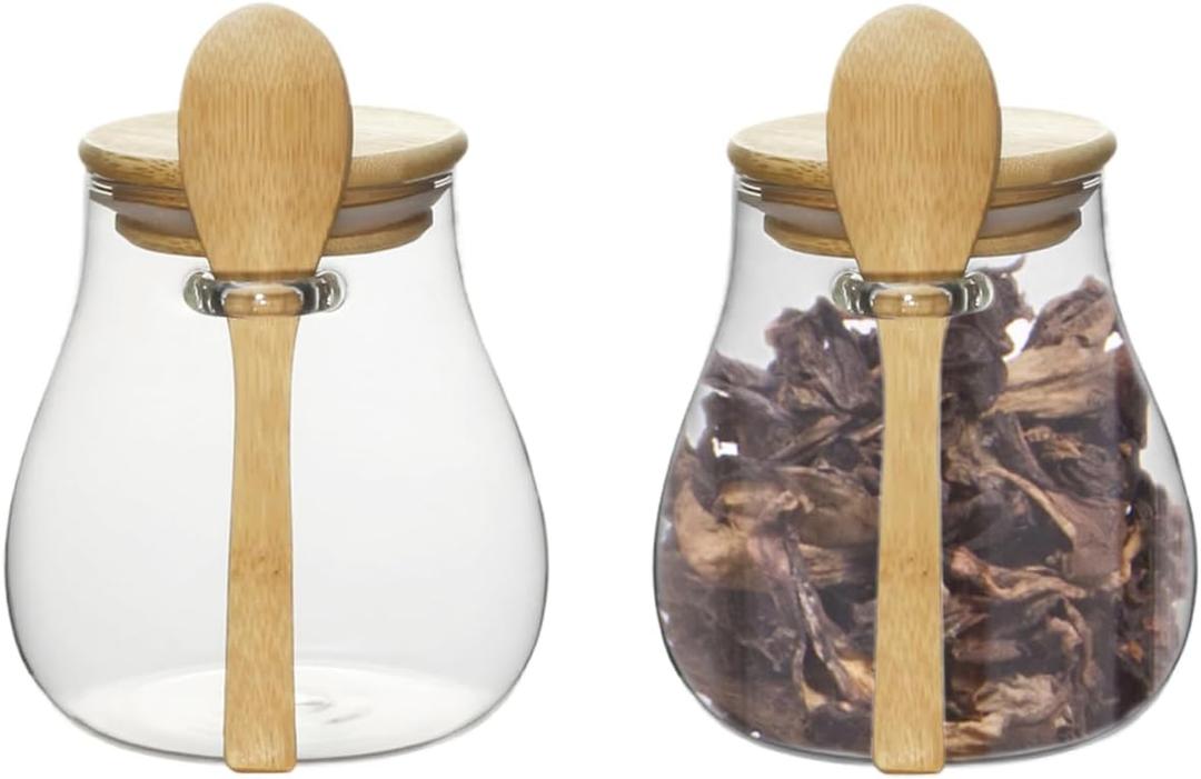 Glass Storage jars with Bamboo Lids and Spoon -16 oz Airtight Storage Containers Glass jar, Wide Mouth, Leak-Proof, Suitable for Coffee Beans, Tea Leaves, Grains, Dried Fruits (Small2PCS)