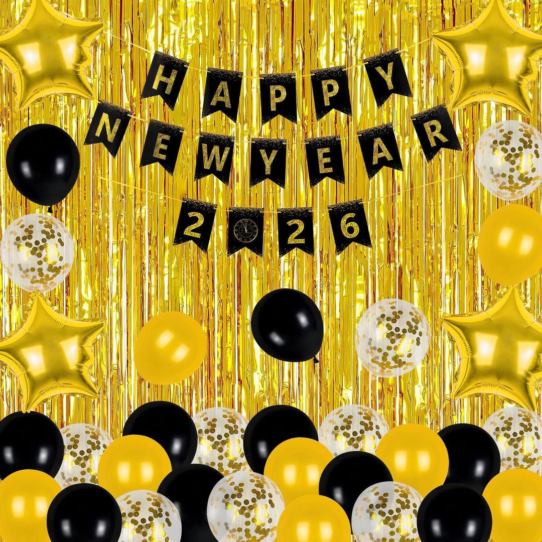 New Years Eve Party Supplies 2026, 2026 Happy New Year Banner Gold Fringe Curtains Black Gold Balloons for Happy New Year Decorations 2026 NYE Party Supplies