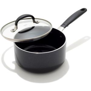 OXO 1.6QT Non-Stick Every Day Sauce Pan with Glass Lid, BPA-Free Comfort Grip Silicone Handle, Dishwasher & Oven Safe, PFAS-Free Ceramic Skillets, Sauce & Soup Chef Pot, Drip-Free, Black