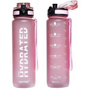 Water Bottle, 32oz Sports Water Bottles with Time Marker Wide Mouth, Motivational and Leakproof Drink Bottle, BPA Free Tritan with Carry Strap for Gym Fitness Outdoor (1 Bottle)