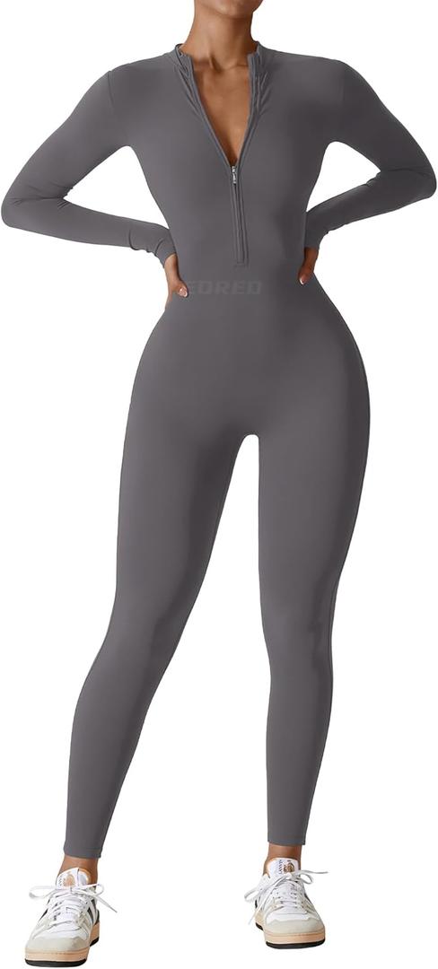 YEOREO Women Long Sleeve Workout Jumpsuit Zip Up Romper Bottom Pants Bodysuit Bodycon Sexy One Piece (X-Large, Grey)