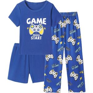 Mikrdoo Boys Pajamas 3 Piece Summer Sleepwear Soft Short Sleeves Shorts Set & Long Pants Cool PJs Size 2-14 Years