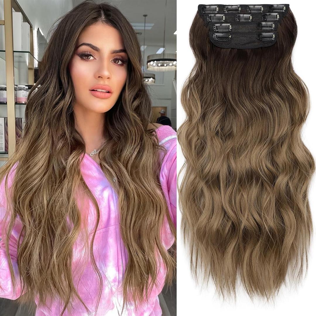 KooKaStyle Clip in Synthetic Hair Extensions Long Wavy 4PCS Thick Hairpieces Ombre Brown to Dirty Blonde Fiber Double Weft Natural Hair Extensions 20 Inch for Women