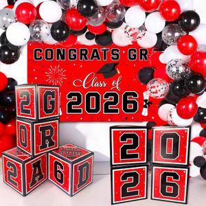 3 x Graduation Decorations 2026 Black Red and White Balloon Boxes, Class of 2026 GRAD Letters, Balloon Garland Kit, Congrats Grad Banner Photo Backdrop for High School & College