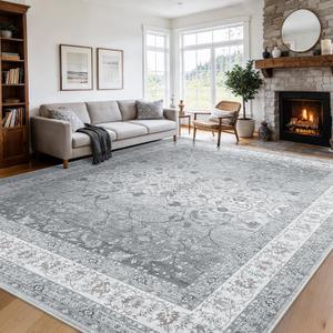 AMADA HOMEFURNISHING 8x10 Area Rugs, Washable Living Room Rug with Non-Slip Backing, Low Pile and Durable Edge Binding, Soft Vintage Floral Rugs for Living Room, Bedroom, Dining Room (Silver/Gray)