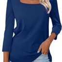 TICTICMISS Women's 3/4 Sleeve Shirts Square Neck Solid Color Summer Tops Dressy Casual Ladies Blouses Tops B-Navy Blue, Small (Blue, S)