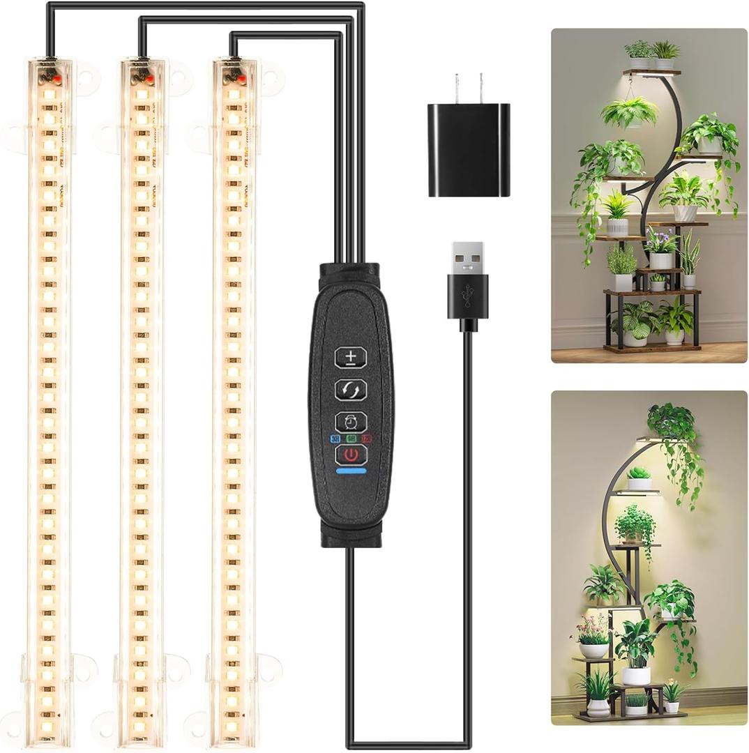 LED Grow Light Strips, Grow Lights for Indoor Plants Full Spectrum 3000K, 78 LEDs Plant Light with 3/9/12H Timer, 10 Dimmable Levels for Seedling Succulent and Plant Shelf, 3 Head 8.6 Inches (Warm)