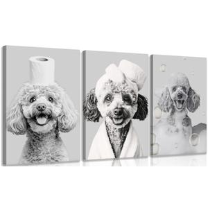 3pcs Black And White Animal Bathroom Wall Art Funny Dog Painting Picture Wall Decor Teddy With Bath And Overhead Toilet Paper Rolls Poster Print Artwork For Bedroom Bathroom Hotel 16x24 Inch Framed