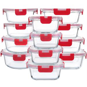 M MCIRCO 24-Piece Glass Food Storage Containers with Locking Lids,Glass Meal Prep Containers Set - Airtight Lunch Containers, Microwave, Oven, Freezer and Dishwasher, Red