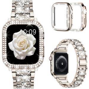 Mosonio Compatible with Apple Watch Band, with 2 Pack Case Women, Jewelry Replacement Metal Bands Strap with Bling PC Protective Case for iWatch, Size: 40mm (Series 6/5/4/SE)