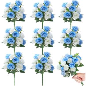 Zeyune 8 Pack 12 Inch Wedding Bouquets for Bride Bridesmaid Blue and White Artificial Rose Bouquet Fake Silk Roses Flowers Bunches Bulk for Home Office Garden Parties Decoration