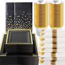 Goodluck 352 Pieces Black Dinnerware Set for 50 Guests, Black Square Plastic Plates with Gold Trim, Include: 100 Plastic Plates, 50 Rolled Napkins, 50 Cups, 50 Cutlery Set and 2 Tablecloth