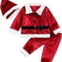 HEZIOWYUN Toddler Baby Boys Girls Santa Costume Velvet Long Sleeve Christmas Jacket + Long Pants +Xmas Hat 3pcs Sets (2-3T)