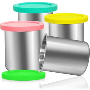 Stainless Steels Fit for Ninja Creami Containers- 4 Pack, 16oz Cups, Compatible with Ninja NC301, NC300, NC299AMZ, Fit for Ninja Creami Stainless Steel Pint, Silicone Lids, NC301 Creami Containers