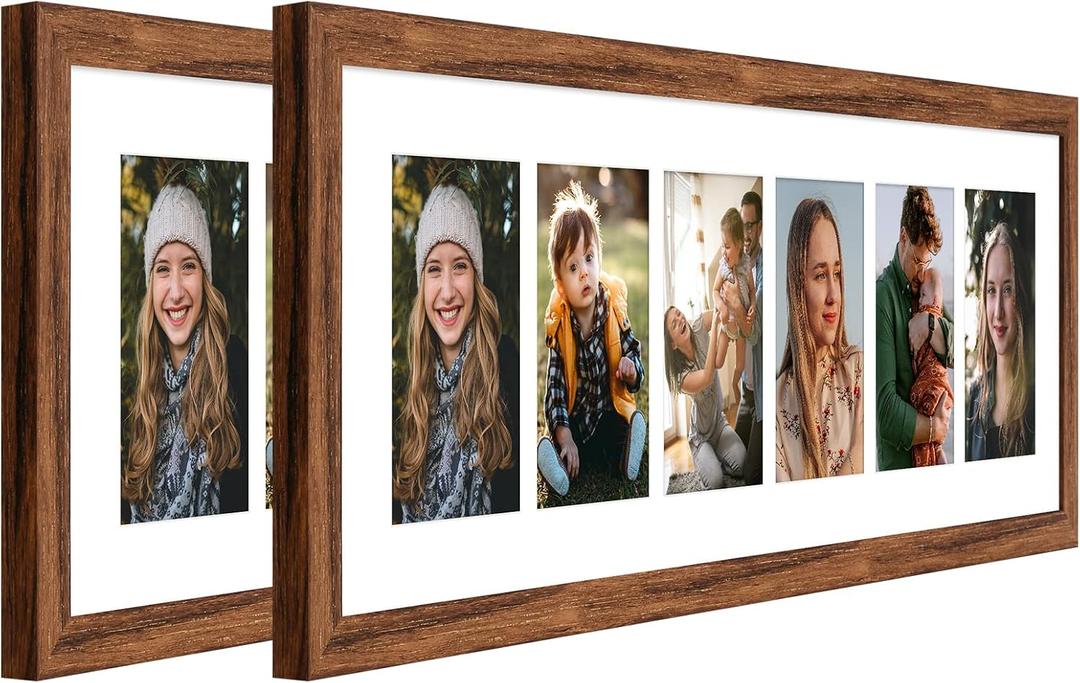 8x26 Collage Frame with 6 Openings 4X6 Pictures, Multiple Picture Frame with Mat, Wall or Tabletop Decor, Carbonized Brown Wood Grain, 2 Pack