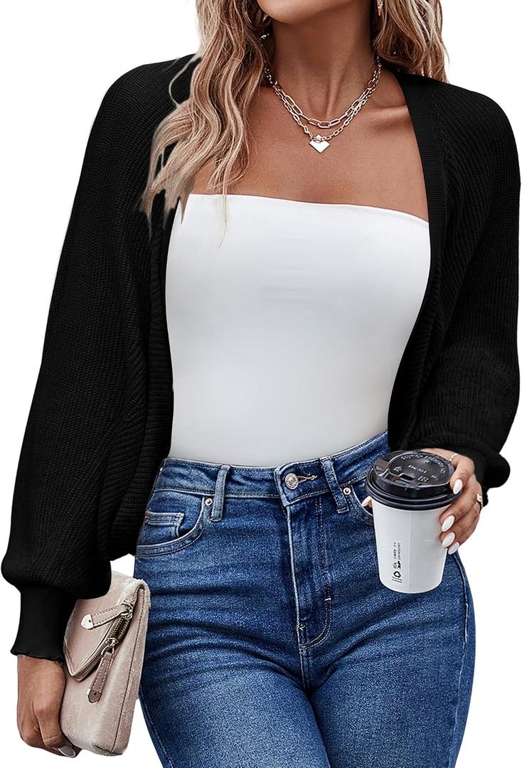 HOTOUCH Women's Cardigan Shrugs Long Batwing Sleeve Knitted Cropped Bolero Open Front Casual Elegant Cardigans for Dresses (Black, XL)