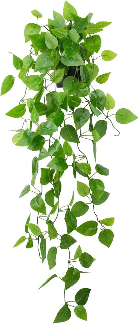 LOYWREE Small Fake Hanging Plant Artificial Potted Plants for Indoor Outdoor Aesthetic - 39in Realistic Faux Hanging Pothos with Ivy Vine for Shelf Decor in Home Office Gardens Greenery (Black Pot) (1Pack)