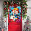 Stained Glass Snowman Christmas House Flag 28x40 Inch Double Sided for Outside, Large Burlap Winter Yard Flag Seasonal Outdoor Farmhouse Decoration