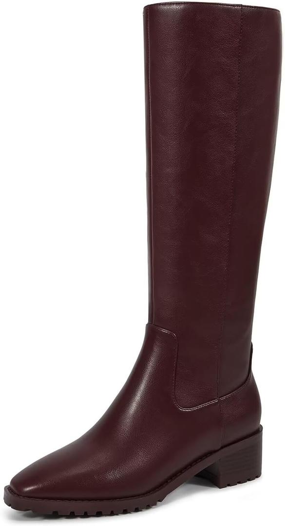 ISNOM Knee High Boots Women Chunky Low Heel Square Toe Elastic Boots Side Zipper Faux Leather Fall Long Tall Boot (7.5, Burgundy-block Heels)