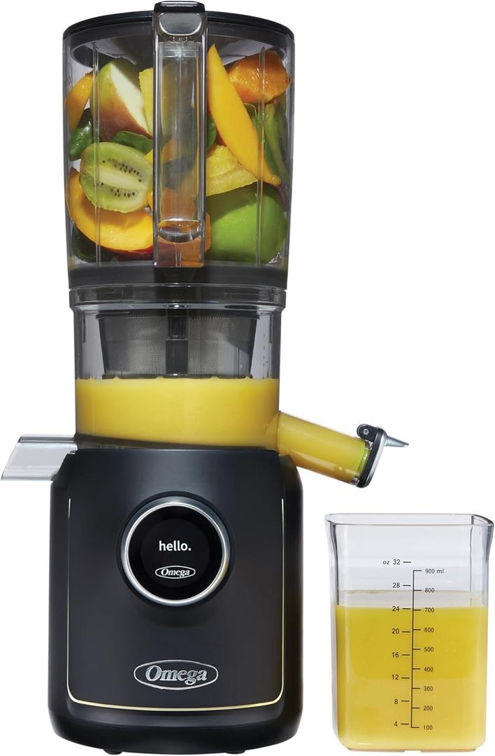 Omega Ultimate Performance Slow Masticating Batch Juicer with Intellidial Technology Cold Press Vegetable and Fruit Juice Extractor with 64-Ounce Hopper and 4 Juice Shot Glasses, 200-Watts, Black