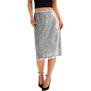 Yousify Womens Sequin Midi Skirts Y2K Elastic High Waisted Lace Trim Sparkly Stretchy Night Out Club Concerts Party Skirt (Medium, Silver)