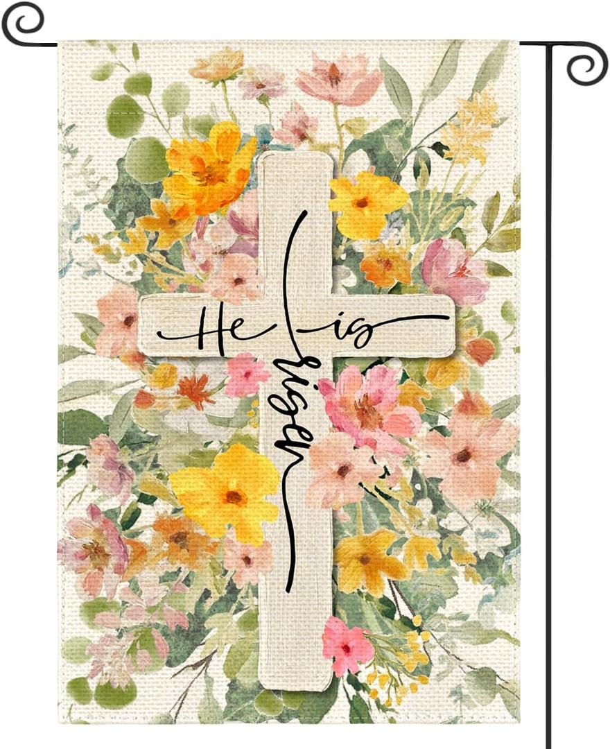 AVOIN colorlife Floral Easter Garden Flag 12x18 Inch Double Sided Outside, He Is Risen Cross Flowers Yard Outdoor Flag
