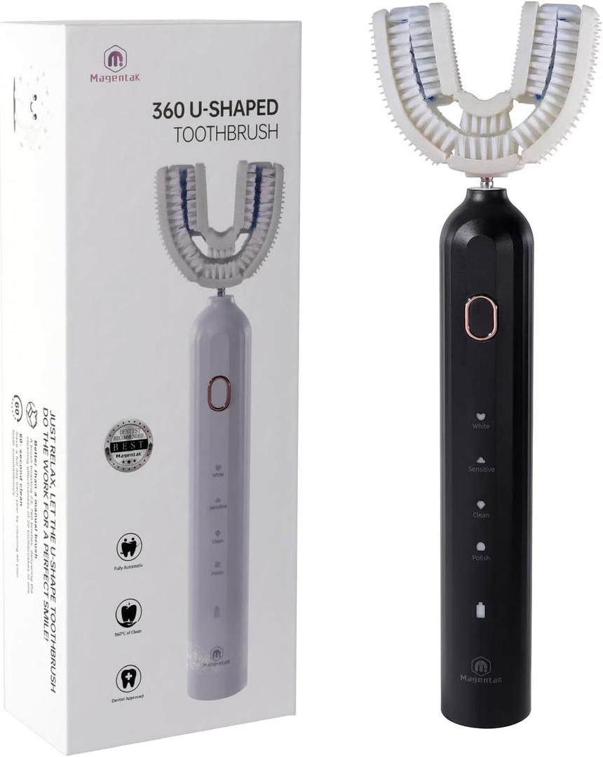 Ultrasonic U-Shaped Toothbrush for Adults, Electric Toothbrush has 23760 Nylon Bristles,Automatic 360-degree Cleaning and Waterproof IPX7, 4 Modes for Teeth Whitening (Black)